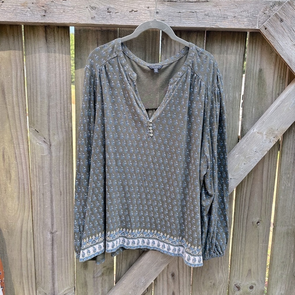 Lucky Brand Olive Green Printed Button Henley Blouse